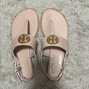 Tory Burch Tan Sandals with Gold Medallion and Ankle Strap